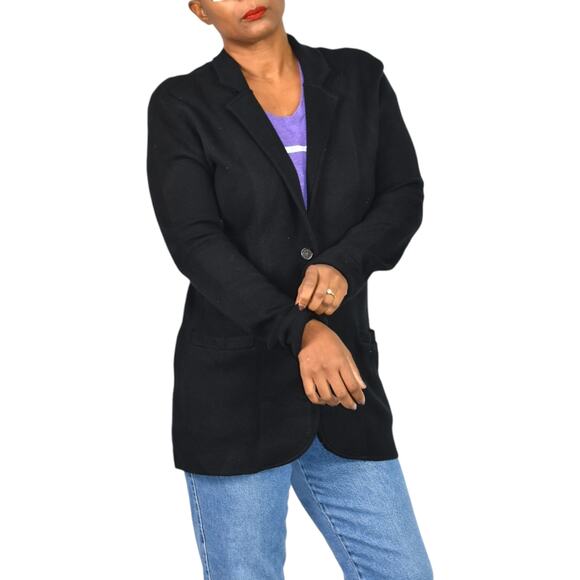 J Crew Factory Sweater Blazer Black Cardigan Knit Collared Cotton Pockets Medium - Picture 11 of 16